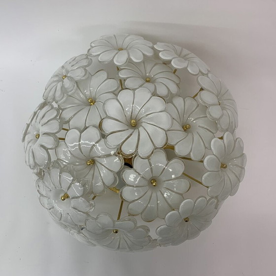 Image 1 of Vintage ceiling lamp with flowers in opaline glass and gold, 1970s