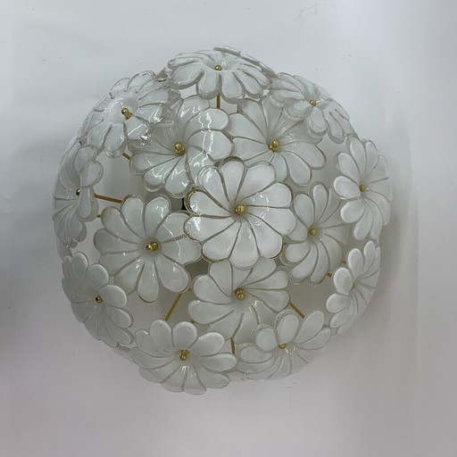 Vintage ceiling lamp with flowers in opaline glass and gold, 1970s