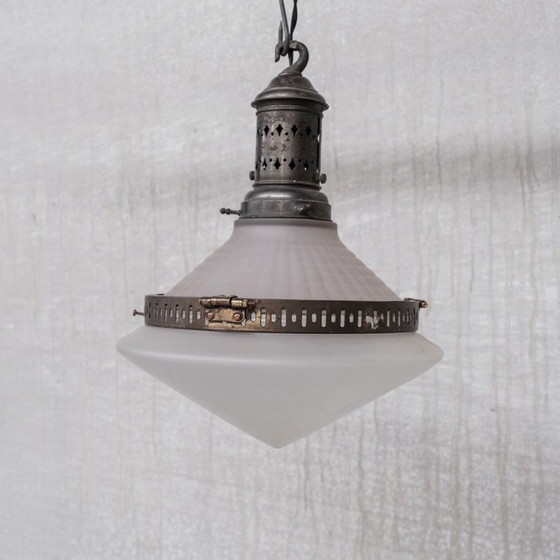 Image 1 of Vintage French conical glass and brass pendant lamp, 1920s