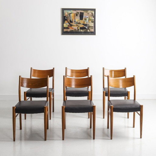 Lot De 6 Chaises Scandinave En Teck Et Simili Cuir Noir, Circa 60