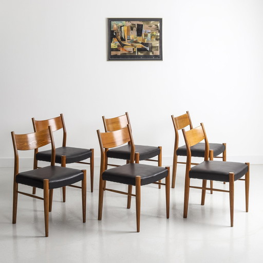 Lot De 6 Chaises Scandinave En Teck Et Simili Cuir Noir, Circa 60