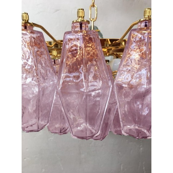 Image 1 of Poliedro Murano Glass Pink Chandelier With Gold Metal Frame