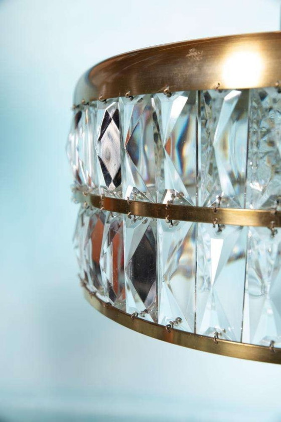 Image 1 of Lampada a sospensione vintage in vetro cristallo e ottone, lampada a sospensione di metà anni '60