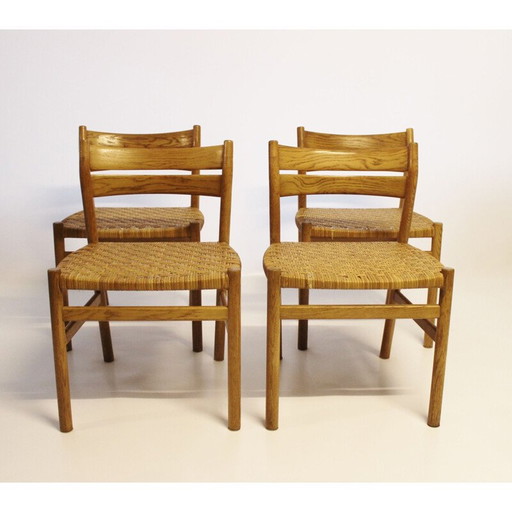 Vintage set of 4 dining danish chairs in oak and seat in papercord, 1960s. 