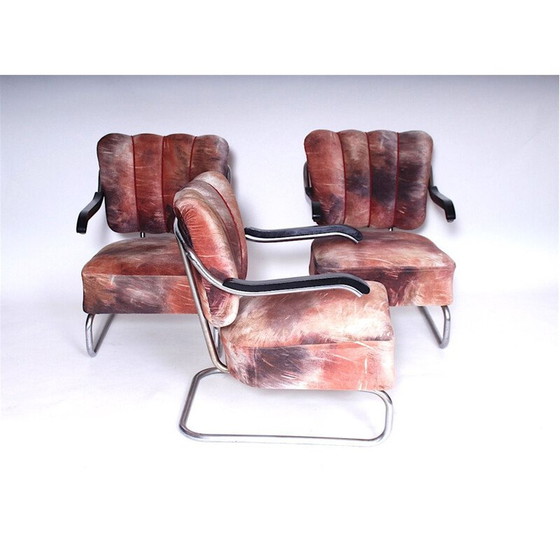 Image 1 of Set di 3 poltrone vintage in legno e tessuto di Mucke Melder, Cecoslovacchia 1930