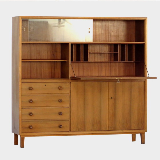 Image 1 of Vintage bookcase with secretaire desk flap in walnut
