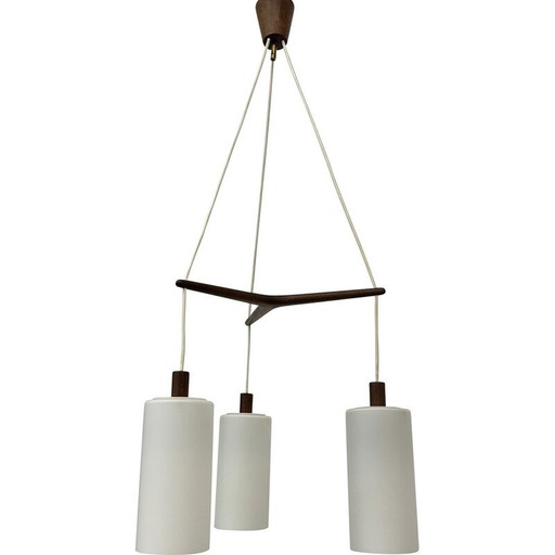 Mid-century pendant lamp in teak and opaline glass, 1970s