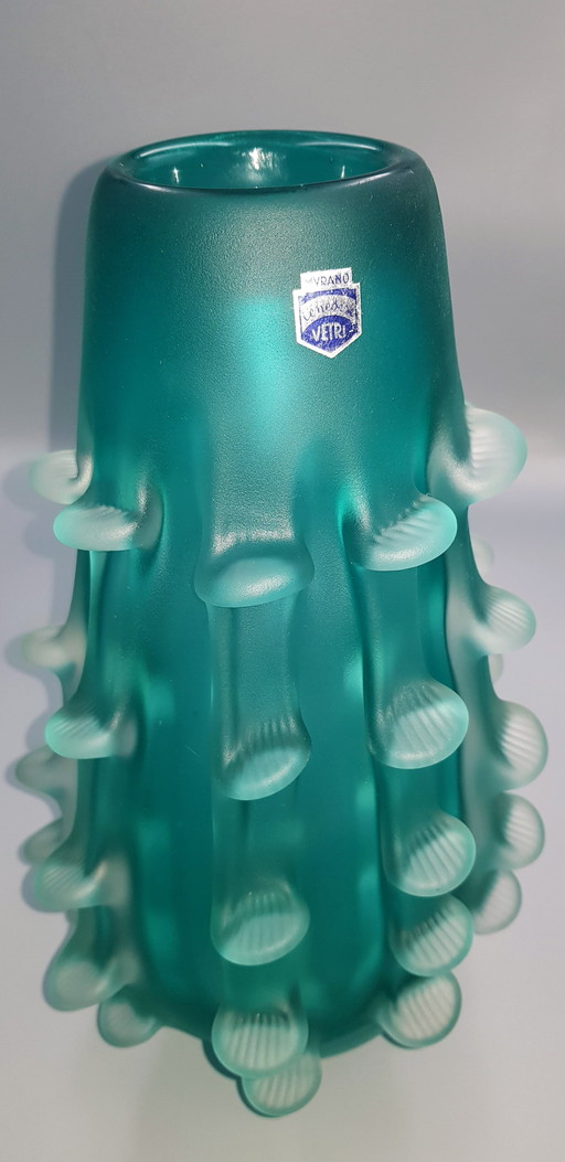 50'S Murano Glass Aqua Coroso Vase Signed 