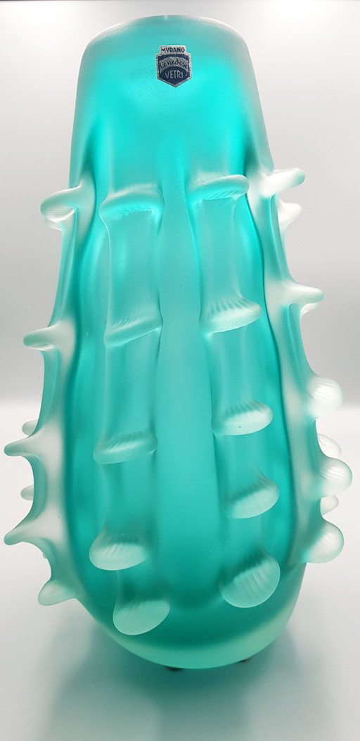 50'S Murano Glass Aqua Coroso Vase Signed 