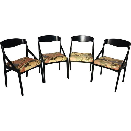 Set of 4 vintage wood and fabric chairs, 1970