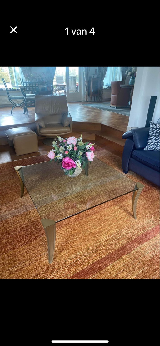 For Sale Glass Square Table With Brass Legs