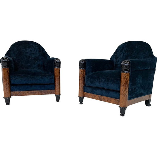 Pair of vintage Hungarian armchairs in blue velvet, 1920s