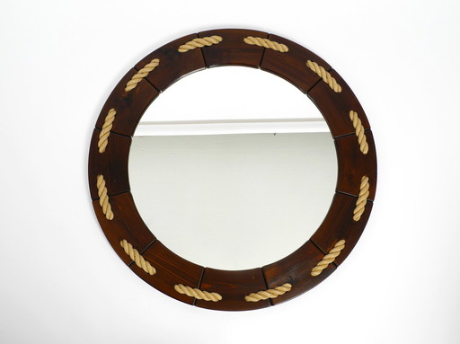 Huge 1970s maritime round pine wood wall mirror from Denmark 