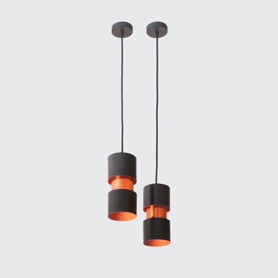 Image 1 of Pair of vintage Tubular Duo pendant lamps in lacquered metal and copper by Jo Hammerborg for Fog & Mørup, Denmark