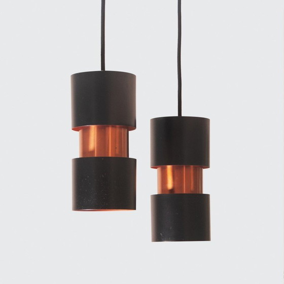 Image 1 of Pair of vintage Tubular Duo pendant lamps in lacquered metal and copper by Jo Hammerborg for Fog & Mørup, Denmark