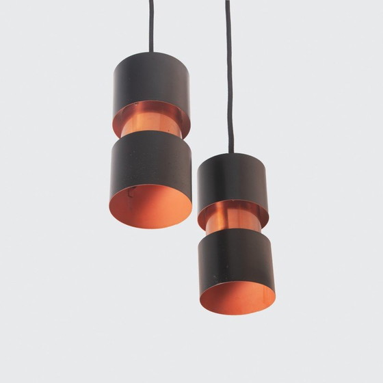 Image 1 of Pair of vintage Tubular Duo pendant lamps in lacquered metal and copper by Jo Hammerborg for Fog & Mørup, Denmark