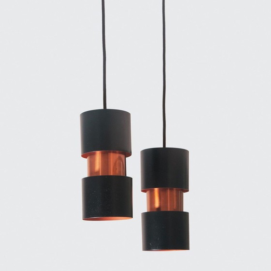 Image 1 of Pair of vintage Tubular Duo pendant lamps in lacquered metal and copper by Jo Hammerborg for Fog & Mørup, Denmark