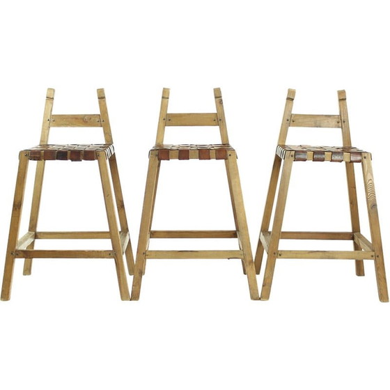 Image 1 of Vintage bar stools in wood and leather, Czechoslovakia 1950s