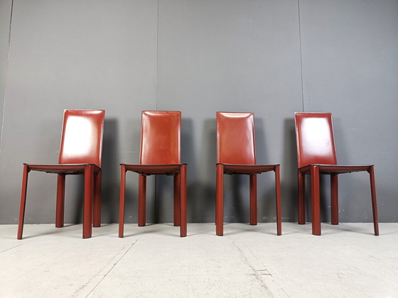 Image 1 of Red Leather Dining Chairs By De Couro Brazil, 1980S - Set Of 4