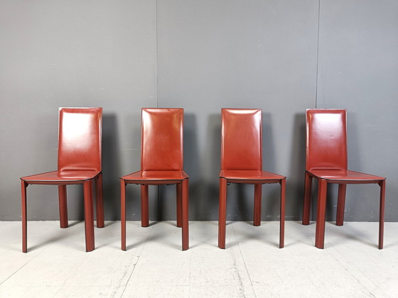 Image 1 of Red Leather Dining Chairs By De Couro Brazil, 1980S - Set Of 4