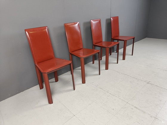 Image 1 of Red Leather Dining Chairs By De Couro Brazil, 1980S - Set Of 4