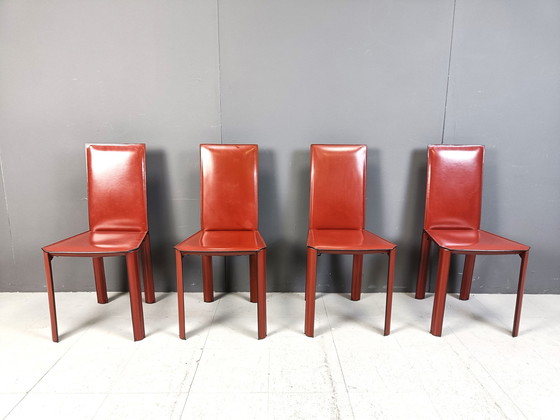 Image 1 of Red Leather Dining Chairs By De Couro Brazil, 1980S - Set Of 4