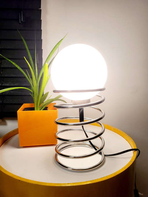Vintage Spiral Or Spring Lamp, Woja, Chrome And Opaline Bulb, Netherlands, 1970s