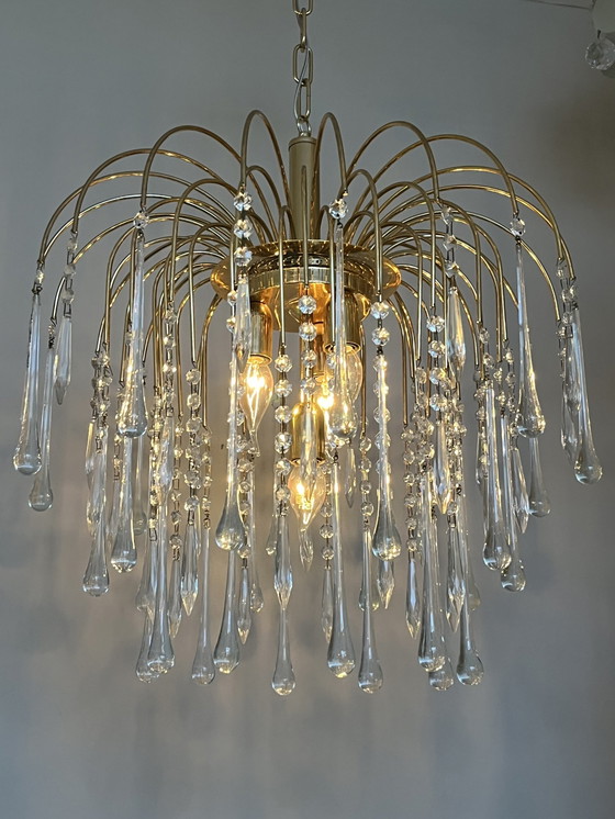 Image 1 of Xxl Vintage Teardrop Chandelier Now Pendant Lamp Transparent Pears Brass Frame