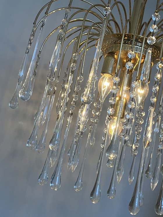 Image 1 of Xxl Vintage Teardrop Chandelier Now Pendant Lamp Transparent Pears Brass Frame