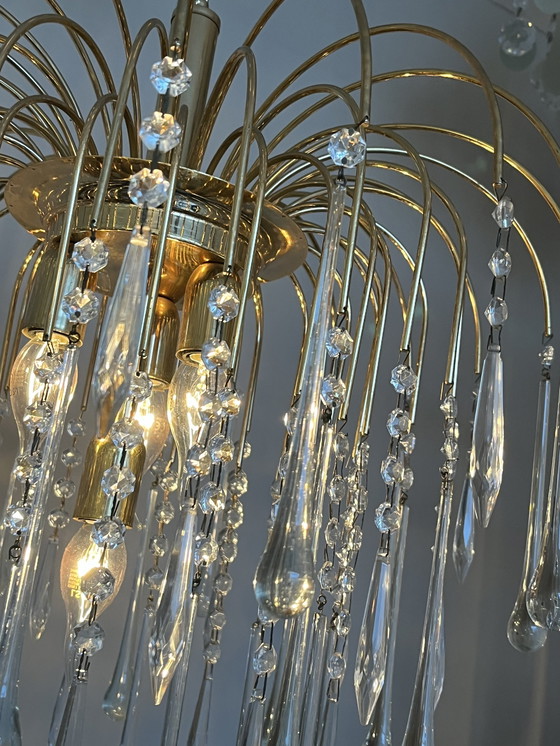 Image 1 of Xxl Vintage Teardrop Chandelier Now Pendant Lamp Transparent Pears Brass Frame