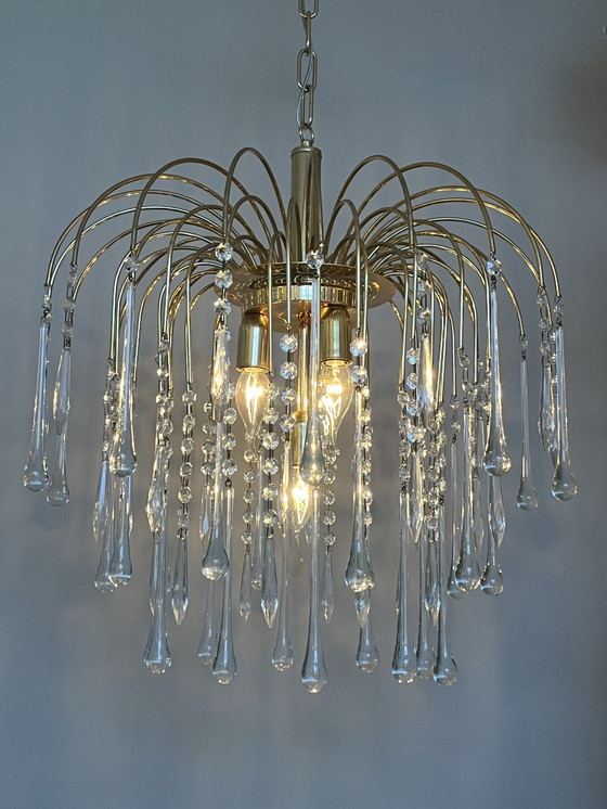 Image 1 of Xxl Vintage Teardrop Chandelier Now Pendant Lamp Transparent Pears Brass Frame