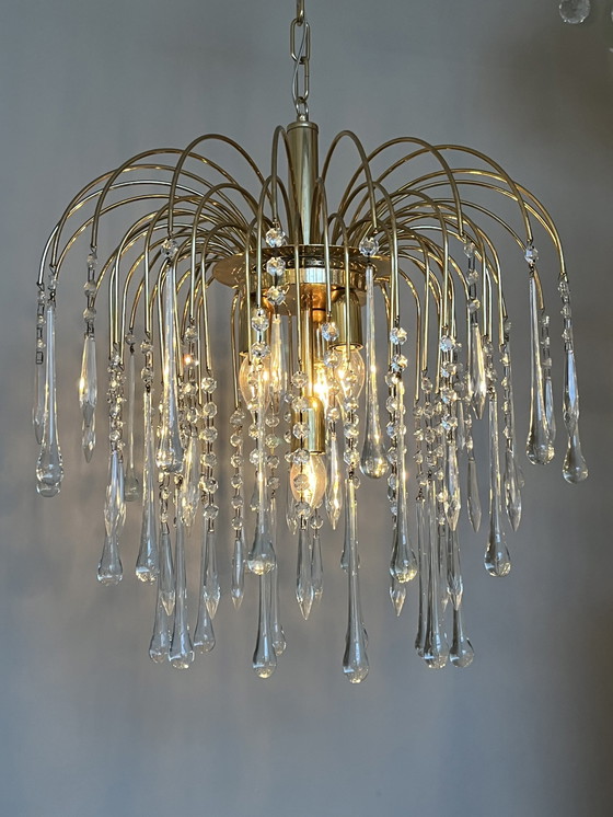 Image 1 of Xxl Vintage Teardrop Chandelier Now Pendant Lamp Transparent Pears Brass Frame