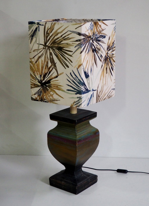 Large Wood Table Lamp  / Sanderson Fabric