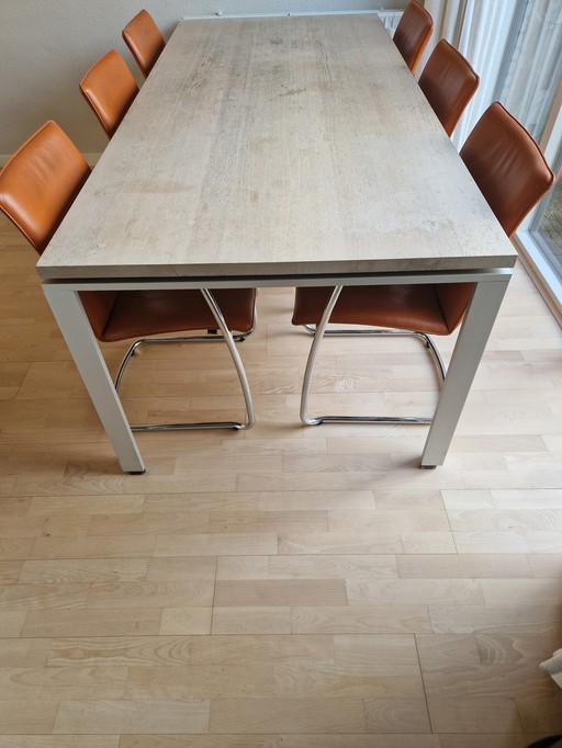 Arco Graphic Dining Table Solid Oak Top Whitewash