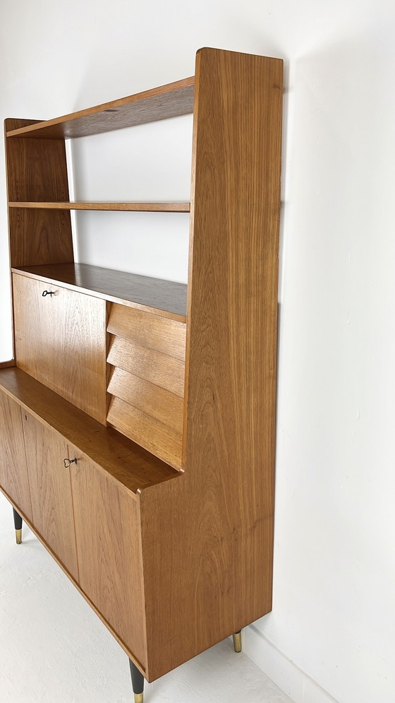 Image 1 of Teak Veneer Secretaire Bookcase Sideboard