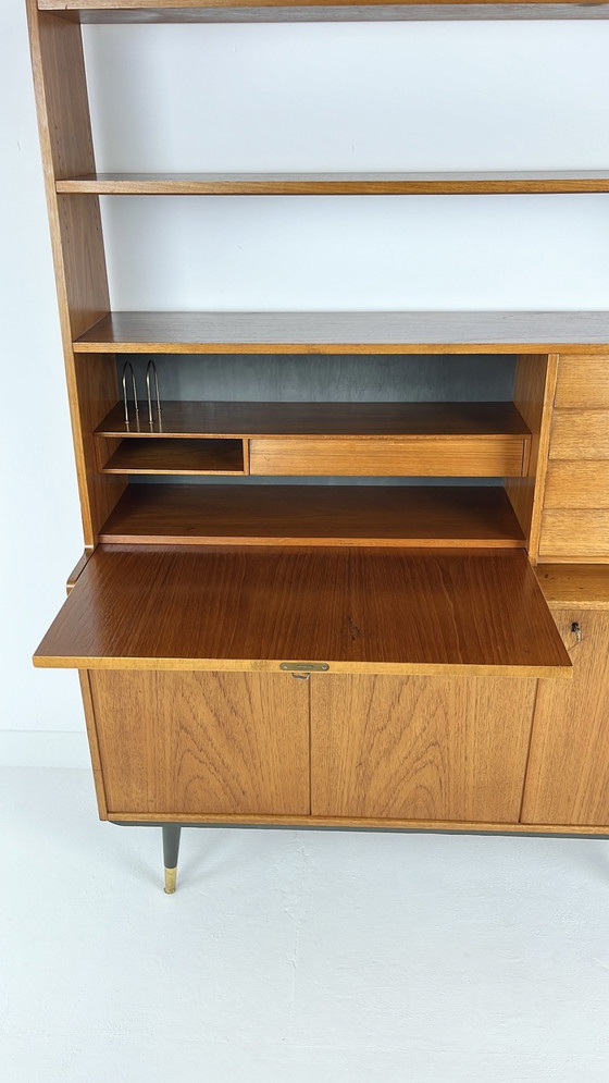 Image 1 of Teak Veneer Secretaire Bookcase Sideboard