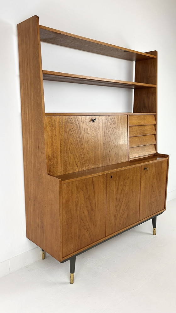 Image 1 of Teak Veneer Secretaire Bookcase Sideboard