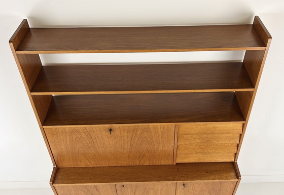 Image 1 of Teak Veneer Secretaire Bookcase Sideboard