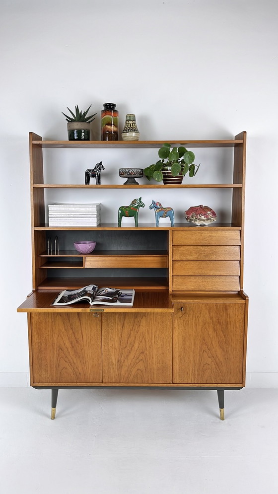 Image 1 of Teak Veneer Secretaire Bookcase Sideboard