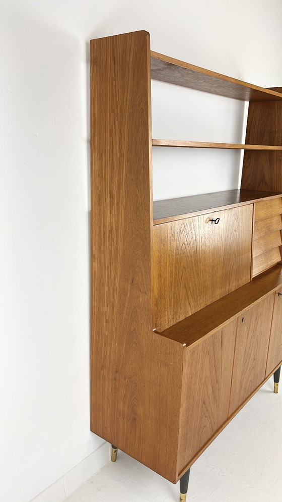 Image 1 of Teak Veneer Secretaire Bookcase Sideboard