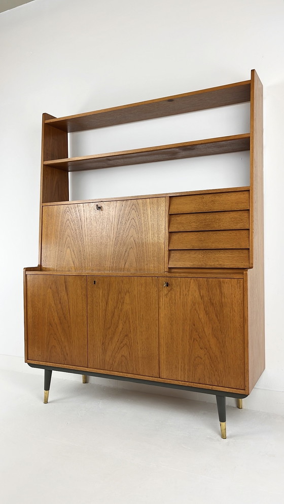 Image 1 of Teak Veneer Secretaire Bookcase Sideboard