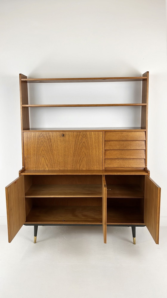 Image 1 of Teak Veneer Secretaire Bookcase Sideboard