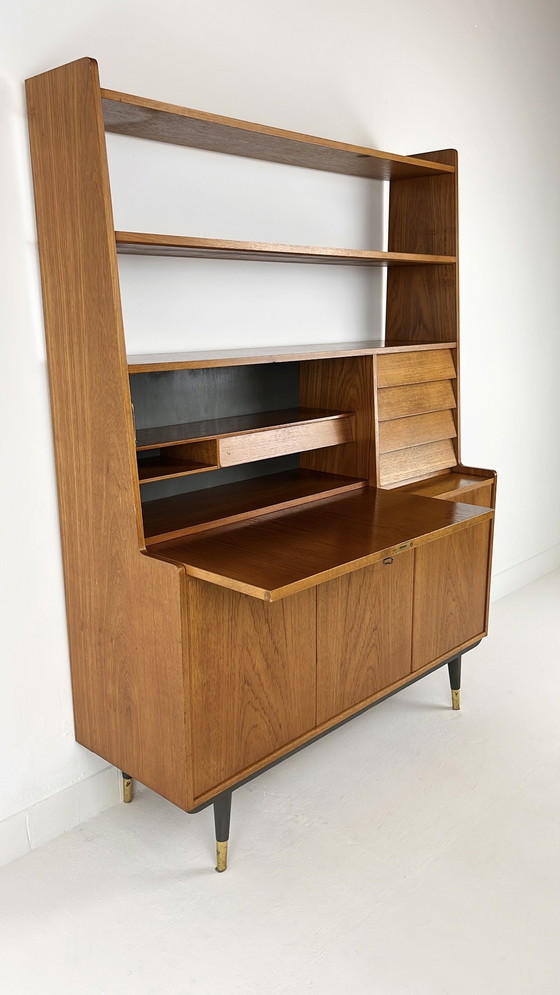 Image 1 of Teak Veneer Secretaire Bookcase Sideboard