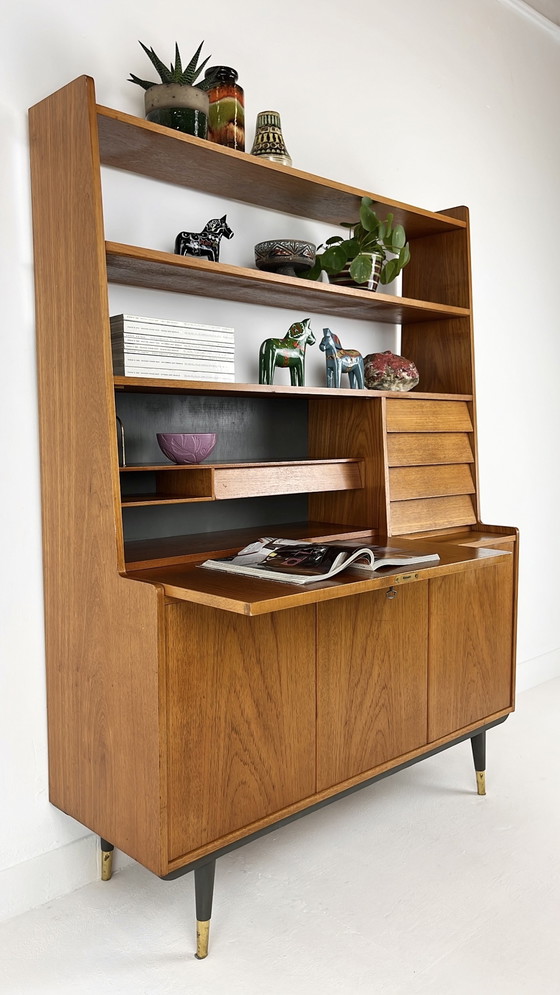 Image 1 of Teak Veneer Secretaire Bookcase Sideboard