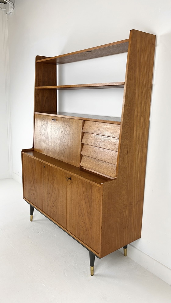 Image 1 of Teak Veneer Secretaire Bookcase Sideboard