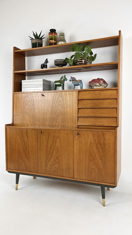 Teak Veneer Secretaire Bookcase Sideboard