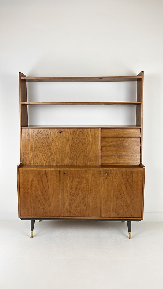 Image 1 of Teak Veneer Secretaire Bookcase Sideboard