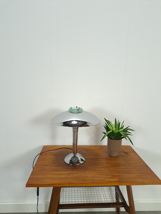 Lampe chromée avec détails en verre, lampe de table