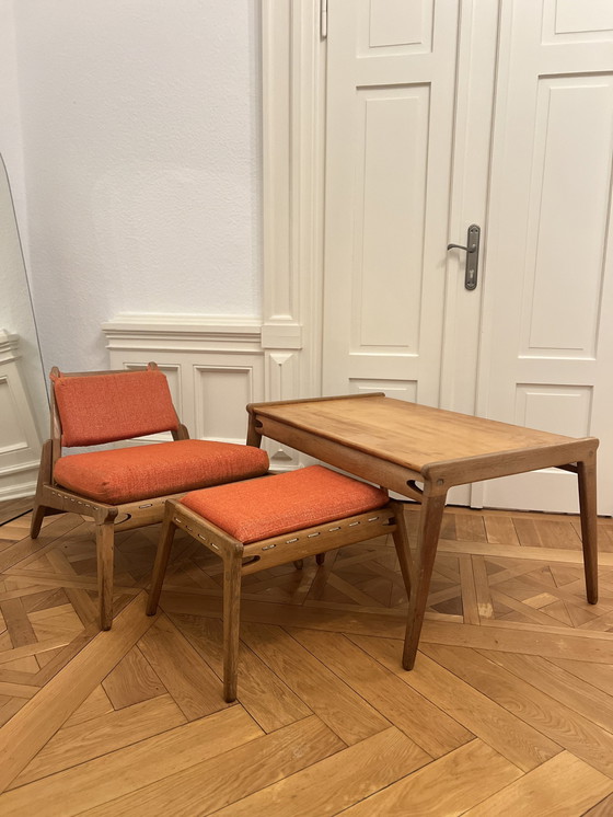 Image 1 of Heinz Heger Hunting Chair 60s DDR Set: armchair, stool, table incl. cushions (original)