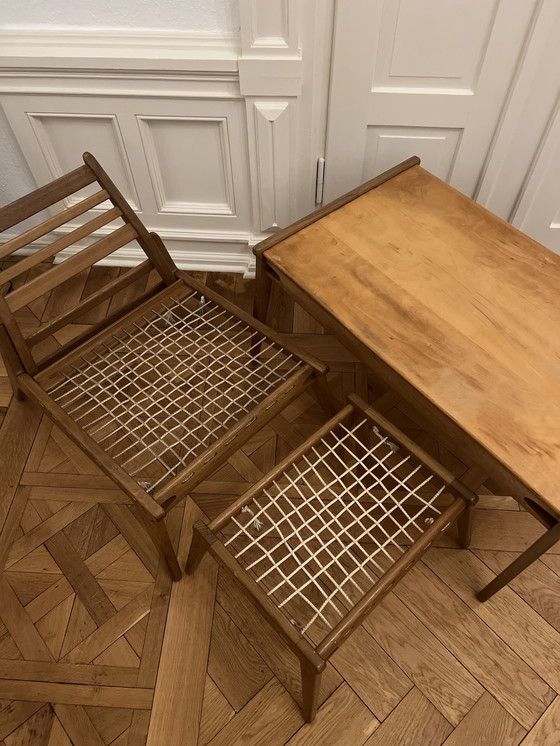 Image 1 of Heinz Heger Hunting Chair 60s DDR Set: armchair, stool, table incl. cushions (original)